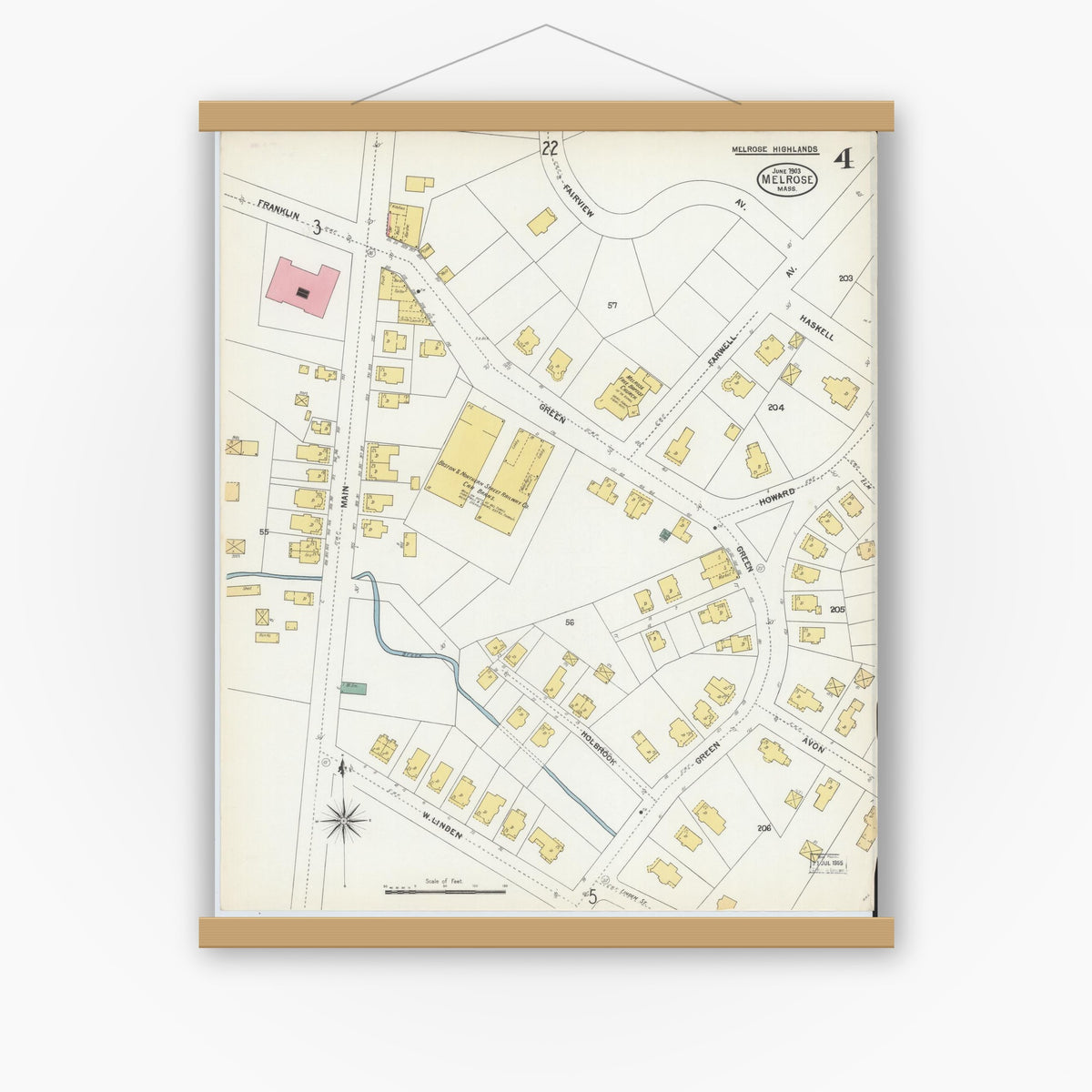 Old map wall art mockup — magnetic wood frame on white wall — Sanborn Fire Insurance Map from Melrose, Middlesex County, Massachusetts (1903), Sheet #0004