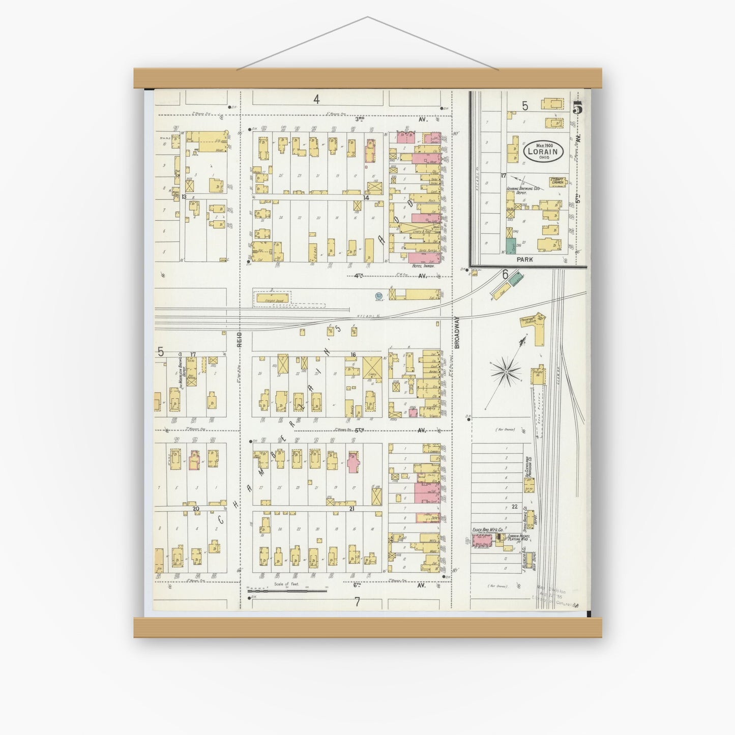 Old map wall art mockup — magnetic wood frame on white wall — Sanborn Fire Insurance Map from Lorain, Lorain County, Ohio (1900), Sheet #0005