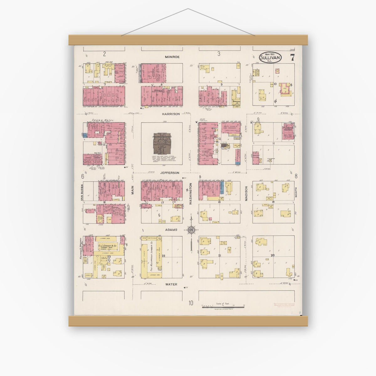 Old map wall art mockup — magnetic wood frame on white wall — Sanborn Fire Insurance Map from Sullivan, Moultrie County, Illinois (1922), Sheet #0007