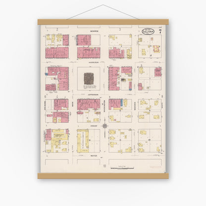 Old map wall art mockup — magnetic wood frame on white wall — Sanborn Fire Insurance Map from Sullivan, Moultrie County, Illinois (1922), Sheet #0007