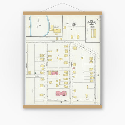 Old map wall art mockup — magnetic wood frame on white wall — Sanborn Fire Insurance Map from Stroudsburg, Monroe County, Pennsylvania (1905), Sheet #0009