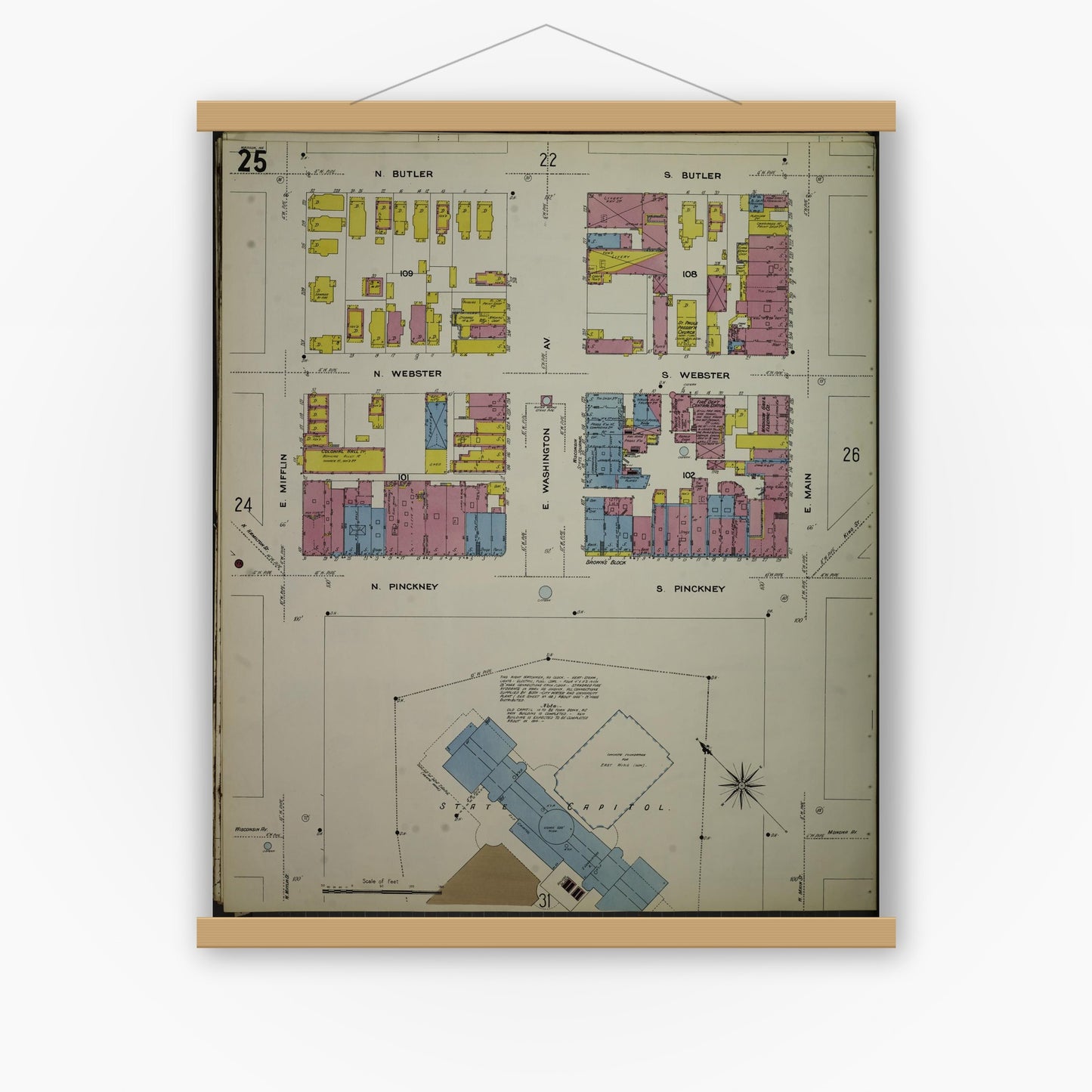 Old map wall art mockup — magnetic wood frame on white wall — Sanborn Fire Insurance Map from Madison, Dane County, Wisconsin (1908), Sheet #0025