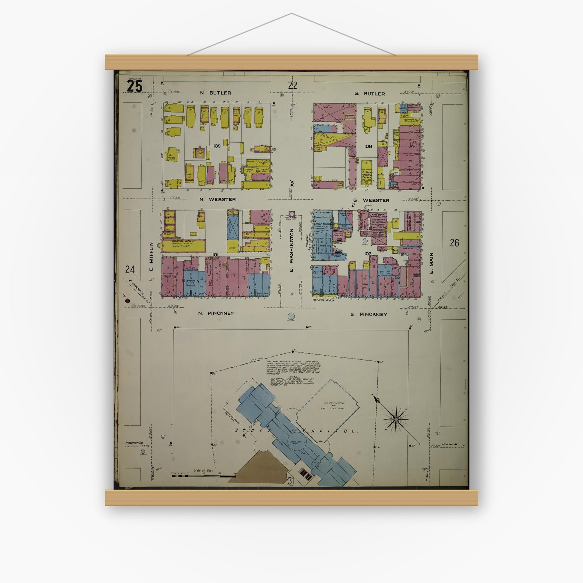 Old map wall art mockup — magnetic wood frame on white wall — Sanborn Fire Insurance Map from Madison, Dane County, Wisconsin (1908), Sheet #0025