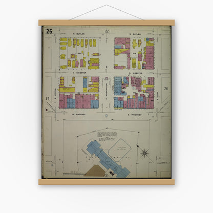 Old map wall art mockup — magnetic wood frame on white wall — Sanborn Fire Insurance Map from Madison, Dane County, Wisconsin (1908), Sheet #0025