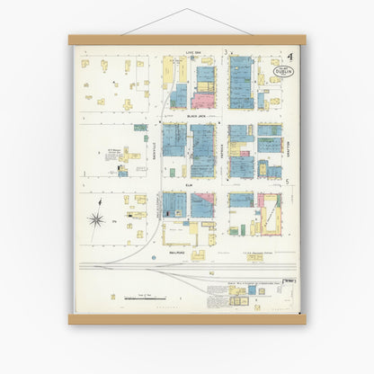 Old map wall art mockup — magnetic wood frame on white wall — Sanborn Fire Insurance Map from Dublin, Erath County, Texas (1907), Sheet #0004