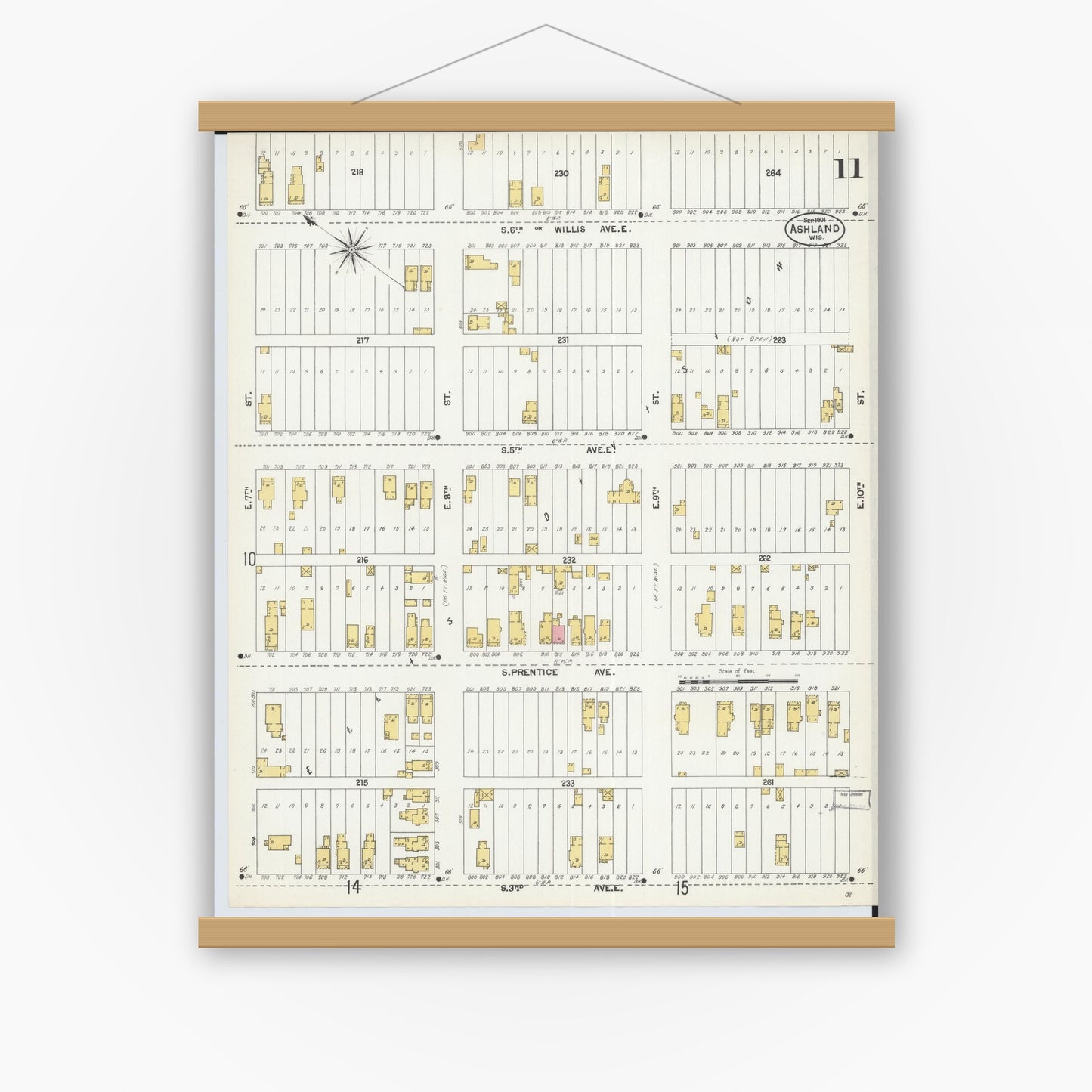Old map wall art mockup — magnetic wood frame on white wall — Sanborn Fire Insurance Map from Ashland, Ashland County, Wisconsin (1901), Sheet #0011