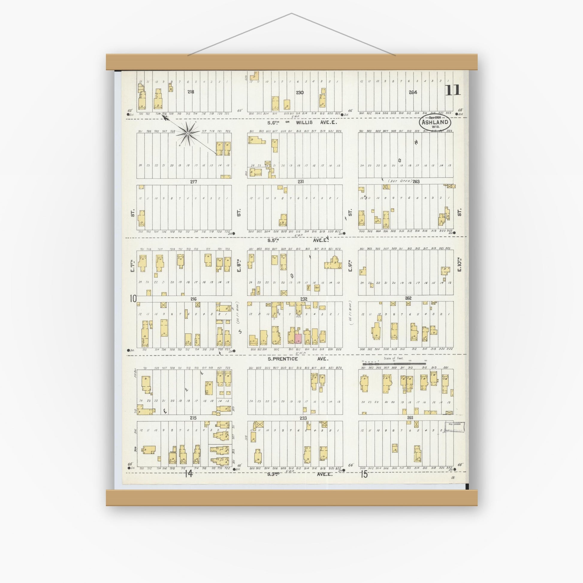 Old map wall art mockup — magnetic wood frame on white wall — Sanborn Fire Insurance Map from Ashland, Ashland County, Wisconsin (1901), Sheet #0011