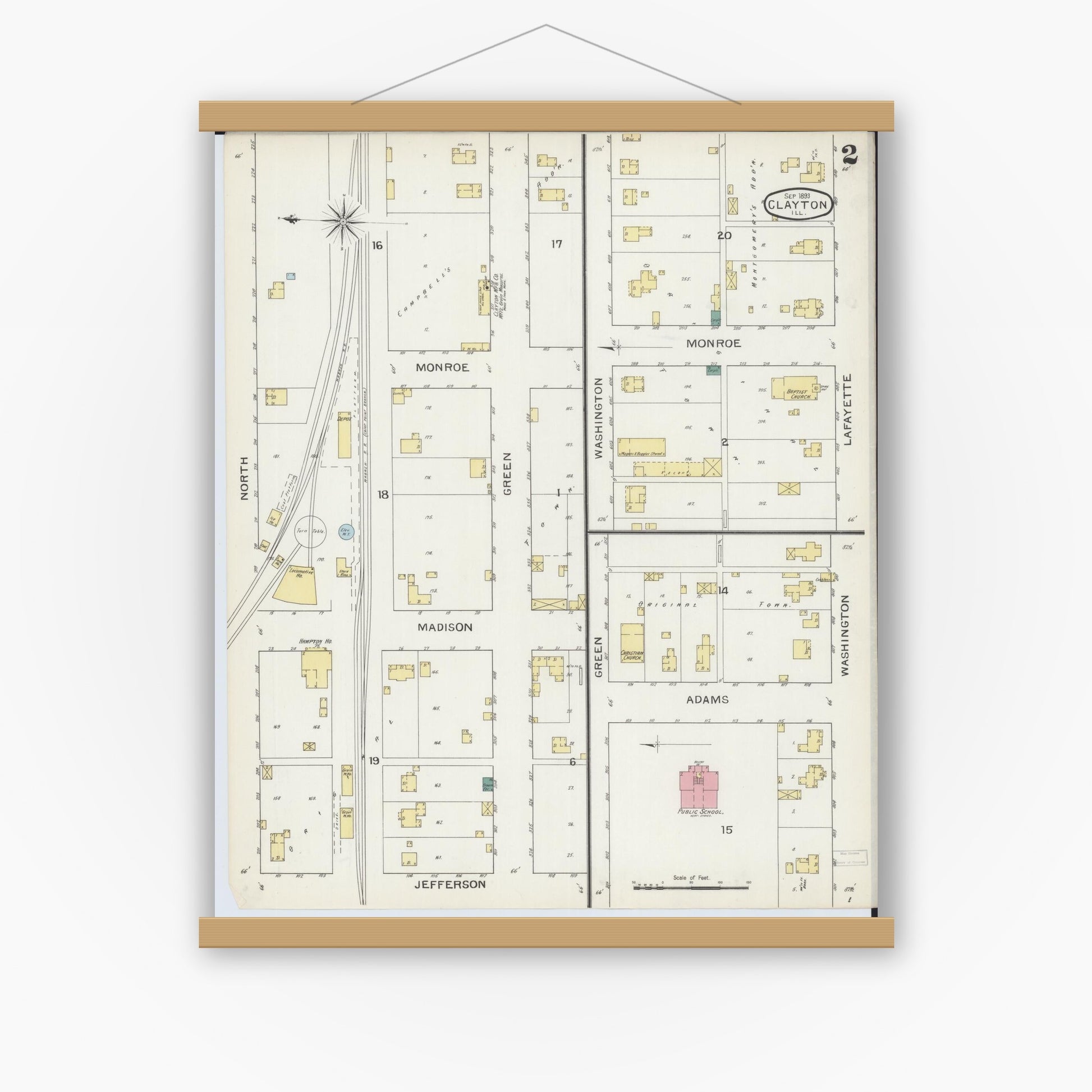 Old map wall art mockup — magnetic wood frame on white wall — Sanborn Fire Insurance Map from Clayton, Adams County, Illinois (1893), Sheet #0002