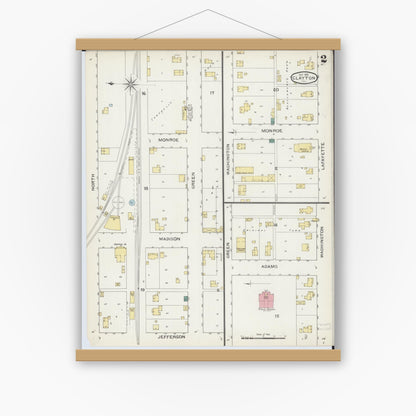 Old map wall art mockup — magnetic wood frame on white wall — Sanborn Fire Insurance Map from Clayton, Adams County, Illinois (1893), Sheet #0002