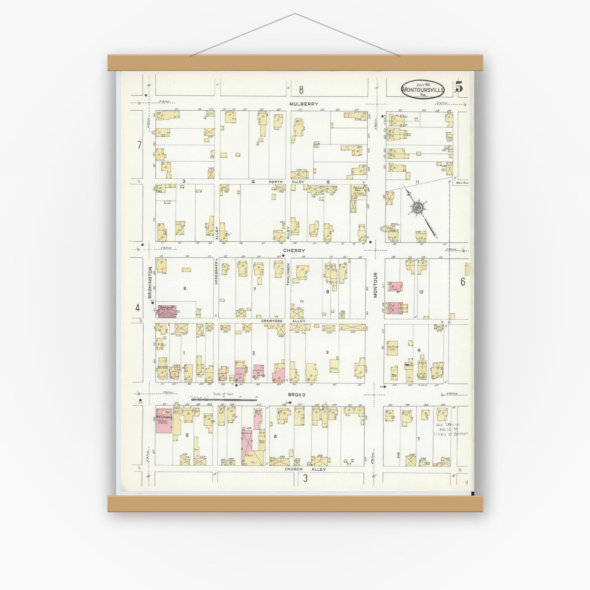 Old map wall art mockup — magnetic wood frame on white wall — Sanborn Fire Insurance Map from Montoursville, Lycoming County, Pennsylvania (1912), Sheet #0005