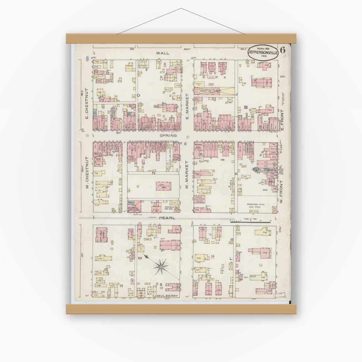 Old map wall art mockup — magnetic wood frame on white wall — Sanborn Fire Insurance Map from Jeffersonville, Clark County, Indiana (1886), Sheet #0006