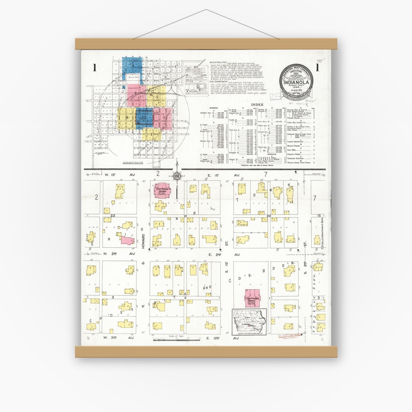 Old map wall art mockup — magnetic wood frame on white wall — Sanborn Fire Insurance Map from Indianola, Warren County, Iowa (1918), Sheet #0001