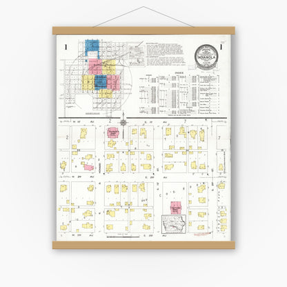 Old map wall art mockup — magnetic wood frame on white wall — Sanborn Fire Insurance Map from Indianola, Warren County, Iowa (1918), Sheet #0001