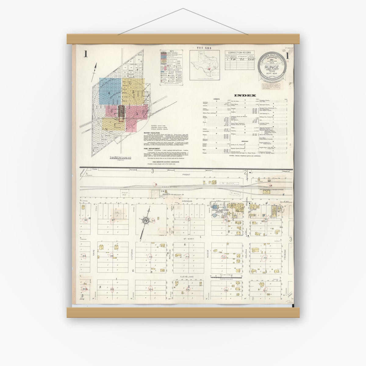 Old map wall art mockup — magnetic wood frame on white wall — Sanborn Fire Insurance Map from Runge, Karnes County, Texas (1944) - Complete Map Set
