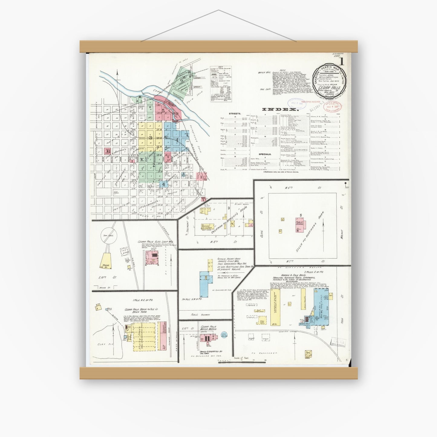 Old map wall art mockup — magnetic wood frame on white wall — Sanborn Fire Insurance Map from Cedar Falls, Black Hawk County, Iowa (1897), Sheet #0001