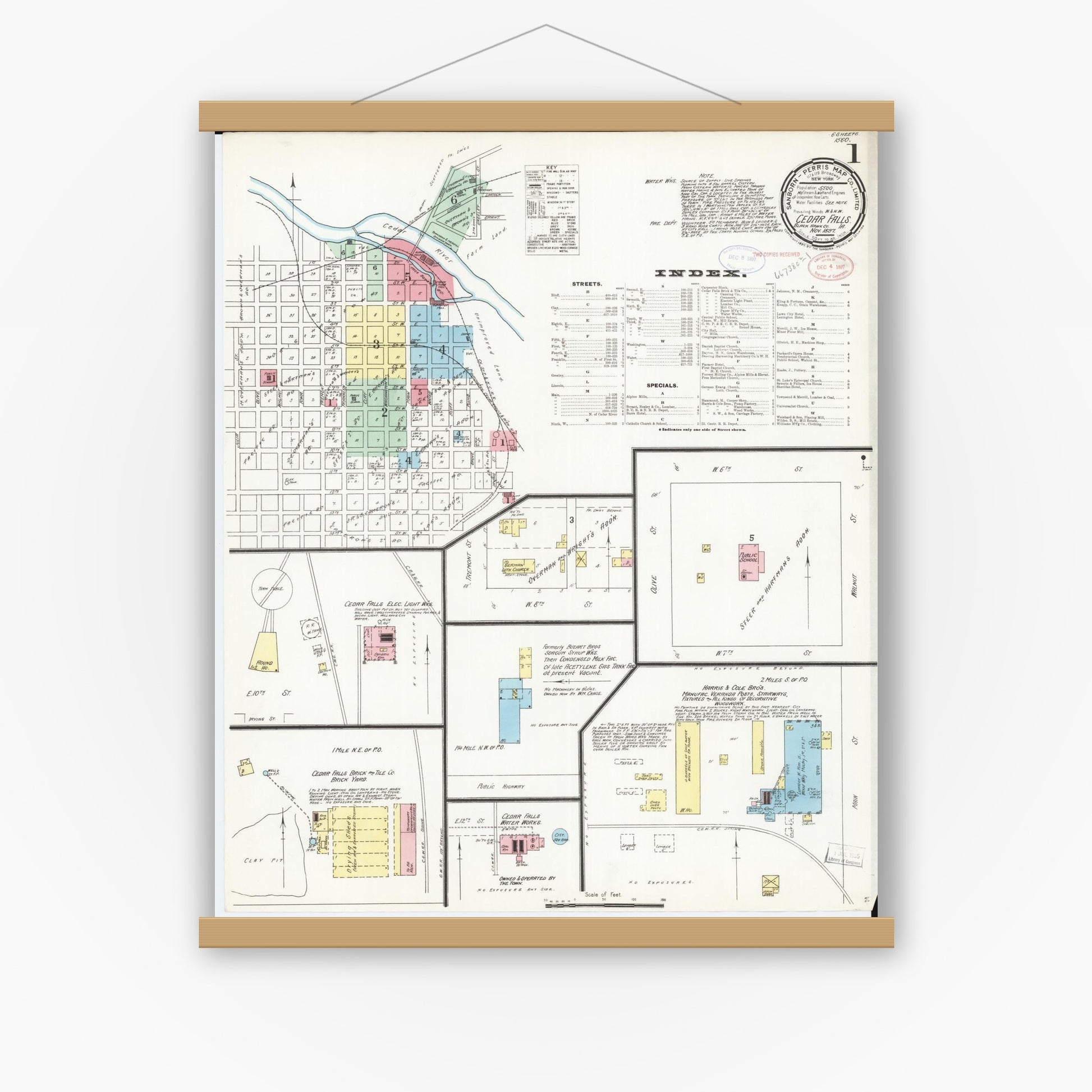 Old map wall art mockup — magnetic wood frame on white wall — Sanborn Fire Insurance Map from Cedar Falls, Black Hawk County, Iowa (1897), Sheet #0001