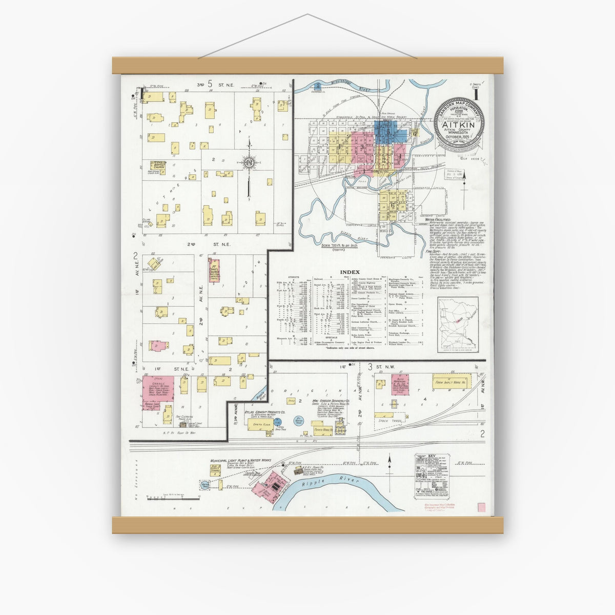 Old map wall art mockup — magnetic wood frame on white wall — Sanborn Fire Insurance Map from Aitkin, Aitkin County, Minnesota (1929) - Complete Map Set