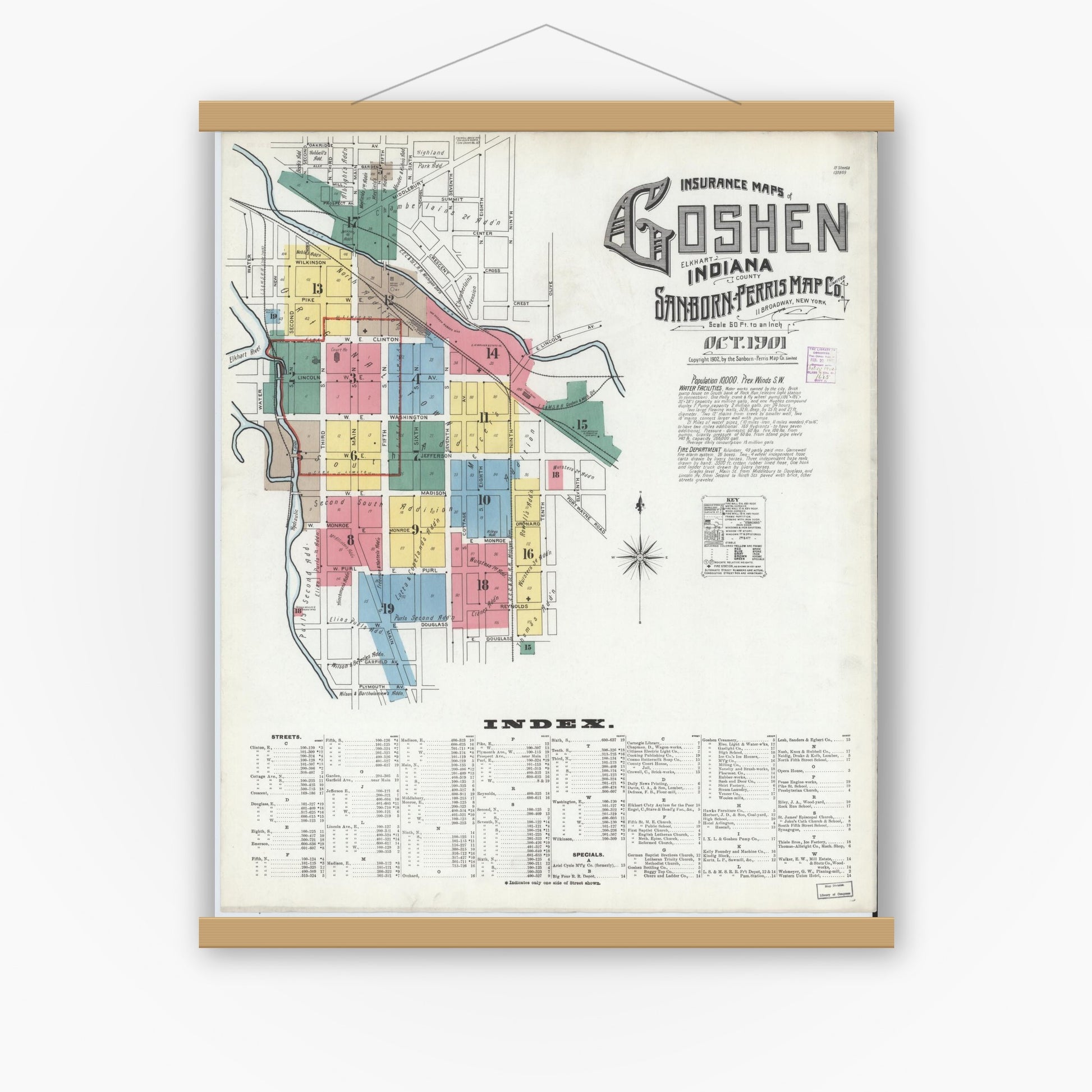 Old map wall art mockup — magnetic wood frame on white wall — Sanborn Fire Insurance Map from Goshen, Elkhart County, Indiana (1901) - Complete Map Set