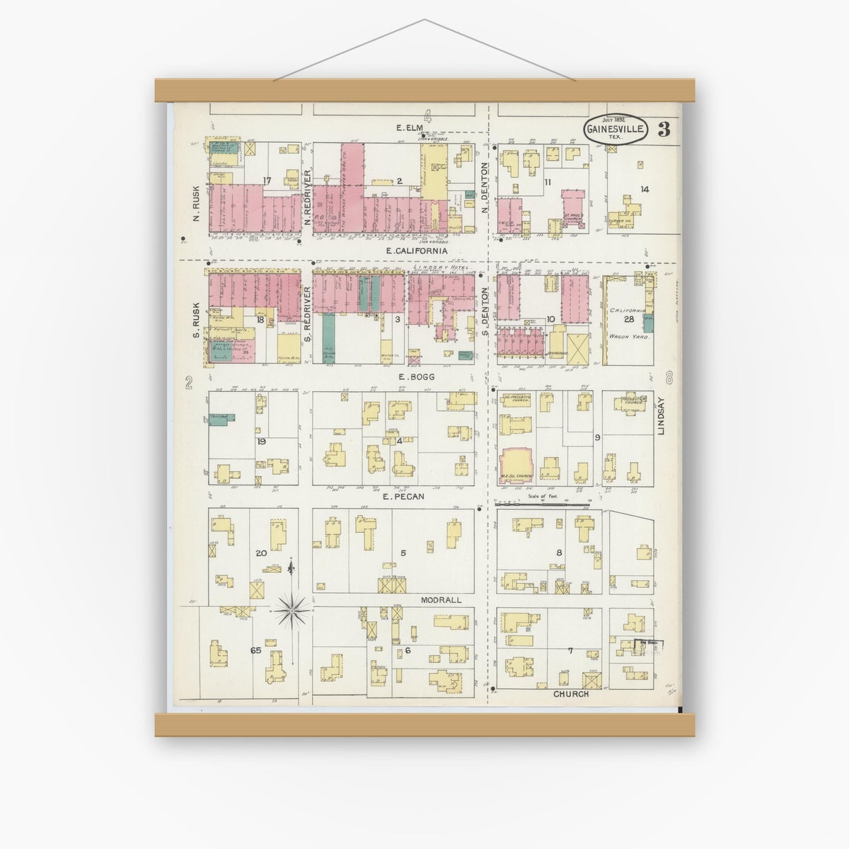 Old map wall art mockup — magnetic wood frame on white wall — Sanborn Fire Insurance Map from Gainesville, Cooke County, Texas (1892), Sheet #0003