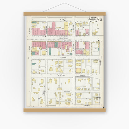 Old map wall art mockup — magnetic wood frame on white wall — Sanborn Fire Insurance Map from Gainesville, Cooke County, Texas (1892), Sheet #0003