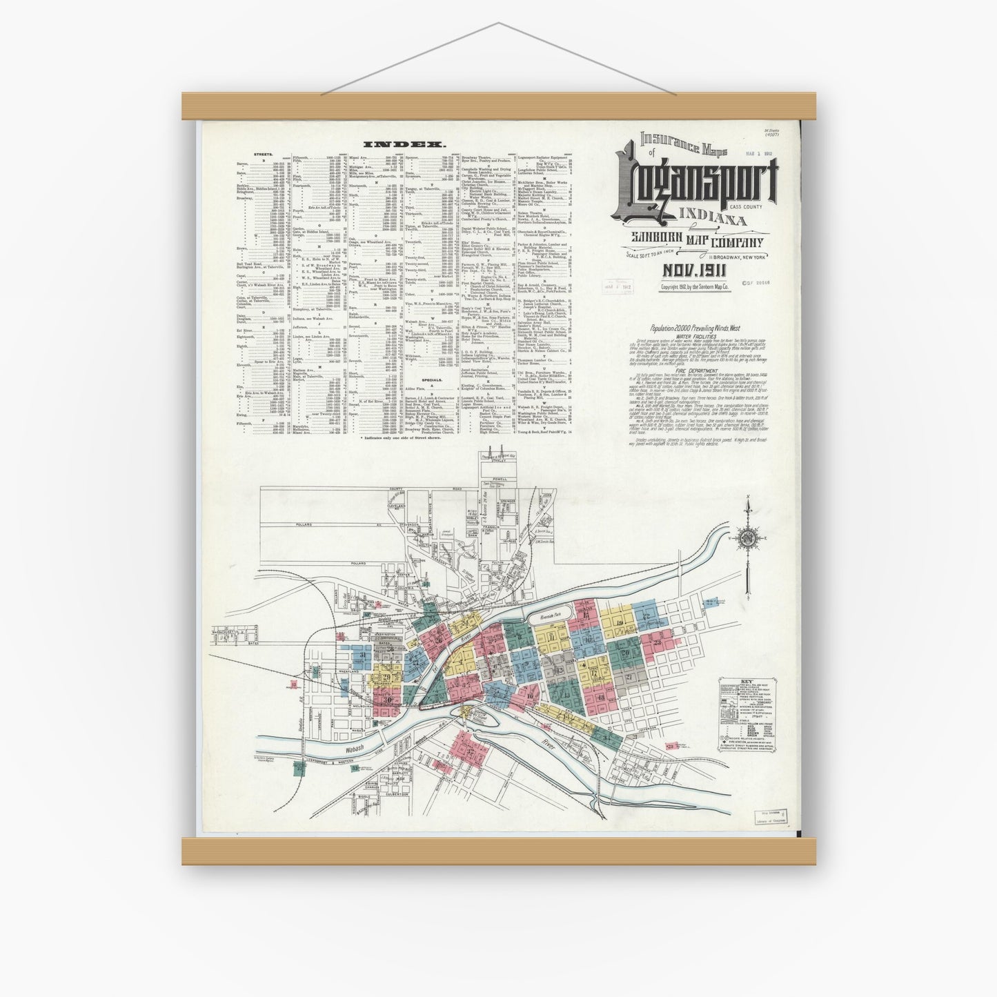 Old map wall art mockup — magnetic wood frame on white wall — Sanborn Fire Insurance Map from Logansport, Cass County, Indiana (1911), Sheet #0001