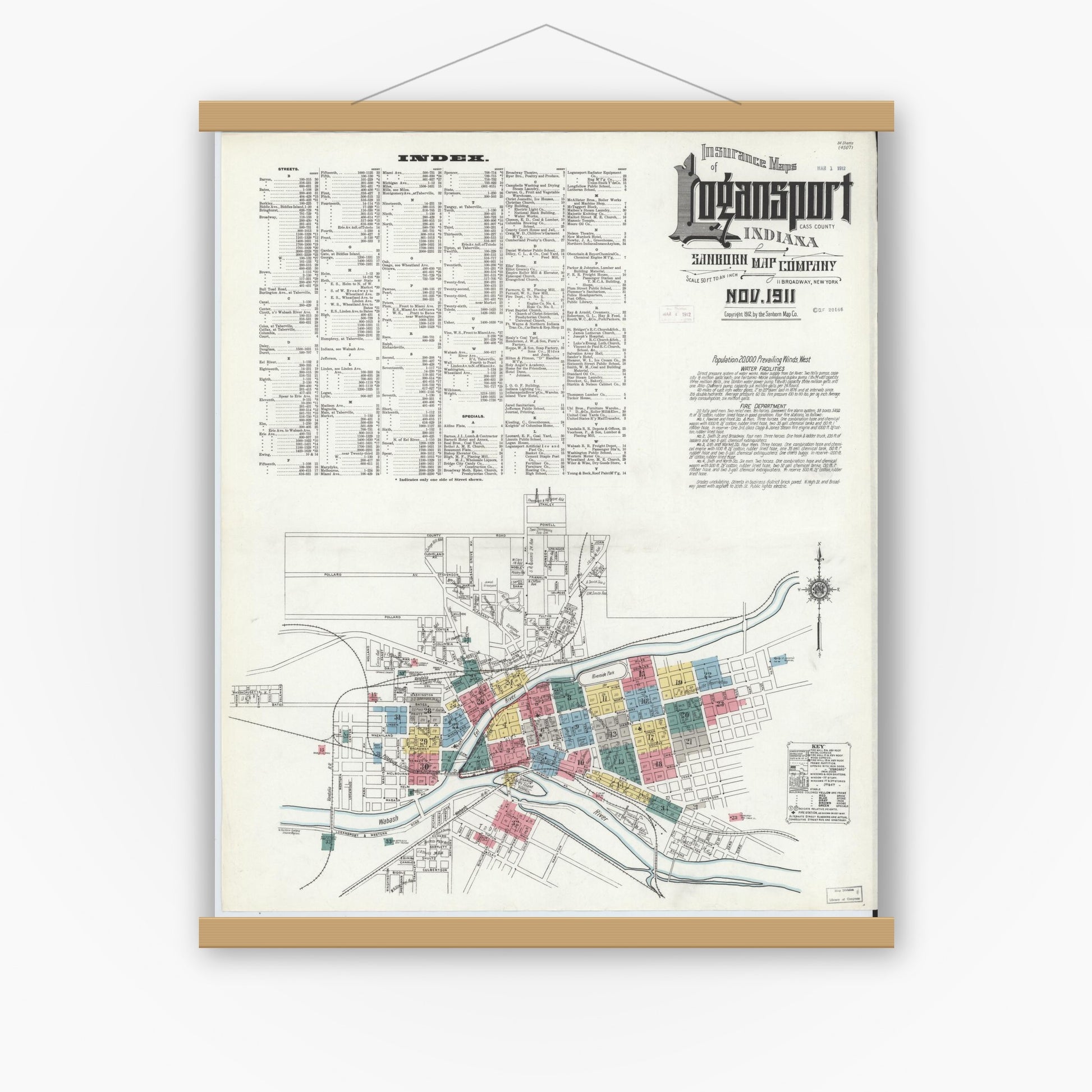 Old map wall art mockup — magnetic wood frame on white wall — Sanborn Fire Insurance Map from Logansport, Cass County, Indiana (1911), Sheet #0001