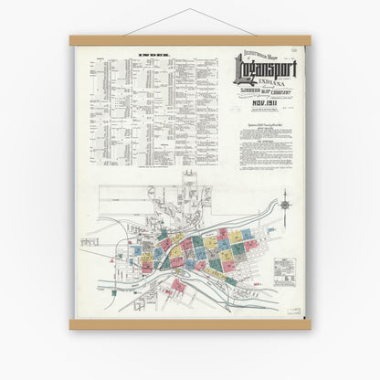 Old map wall art mockup — magnetic wood frame on white wall — Sanborn Fire Insurance Map from Logansport, Cass County, Indiana (1911), Sheet #0001