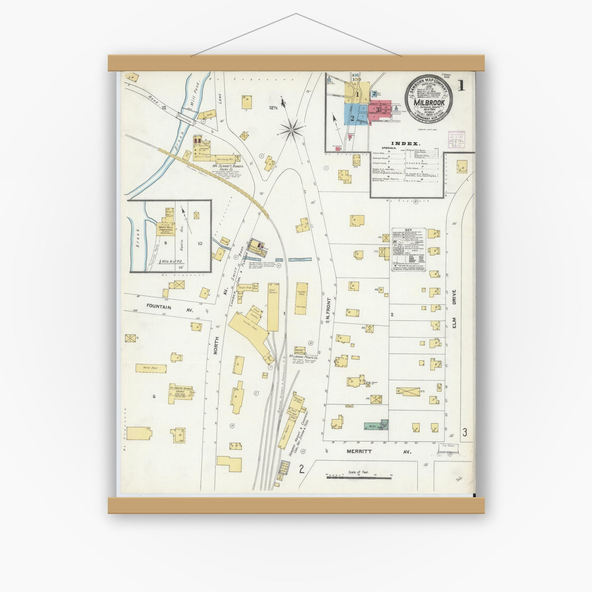 Old map wall art mockup — magnetic wood frame on white wall — Sanborn Fire Insurance Map from Millbrook, Dutchess County, New York (1905), Sheet #0001