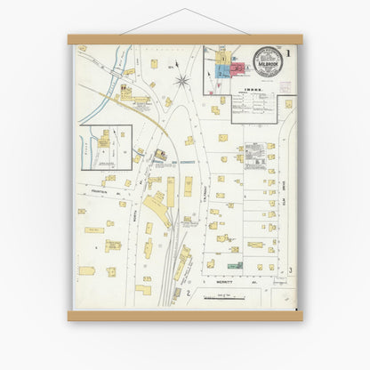 Old map wall art mockup — magnetic wood frame on white wall — Sanborn Fire Insurance Map from Millbrook, Dutchess County, New York (1905), Sheet #0001