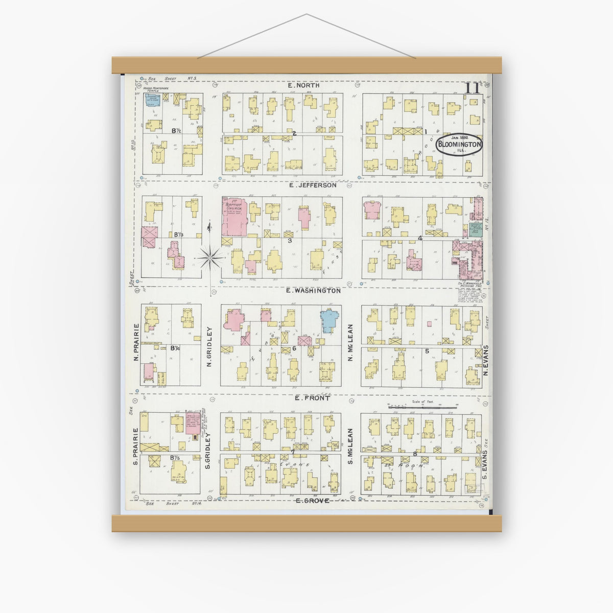 Old map wall art mockup — magnetic wood frame on white wall — Sanborn Fire Insurance Map from Bloomington, McLean County, Illinois (1892), Sheet #0011