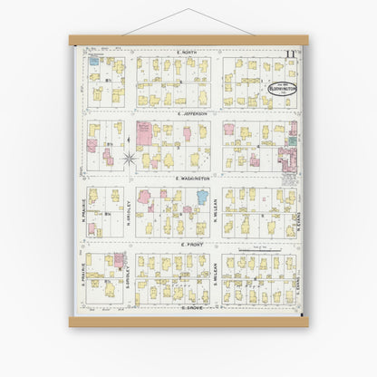Old map wall art mockup — magnetic wood frame on white wall — Sanborn Fire Insurance Map from Bloomington, McLean County, Illinois (1892), Sheet #0011
