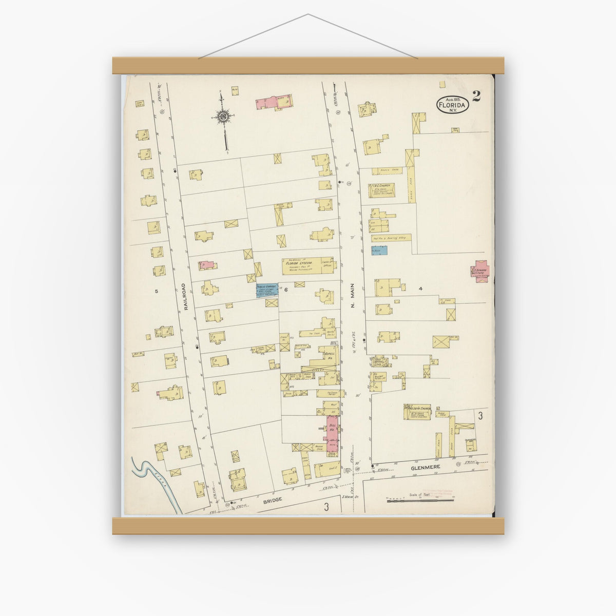 Old map wall art mockup — magnetic wood frame on white wall — Sanborn Fire Insurance Map from Florida, Orange County, New York (1915), Sheet #0002