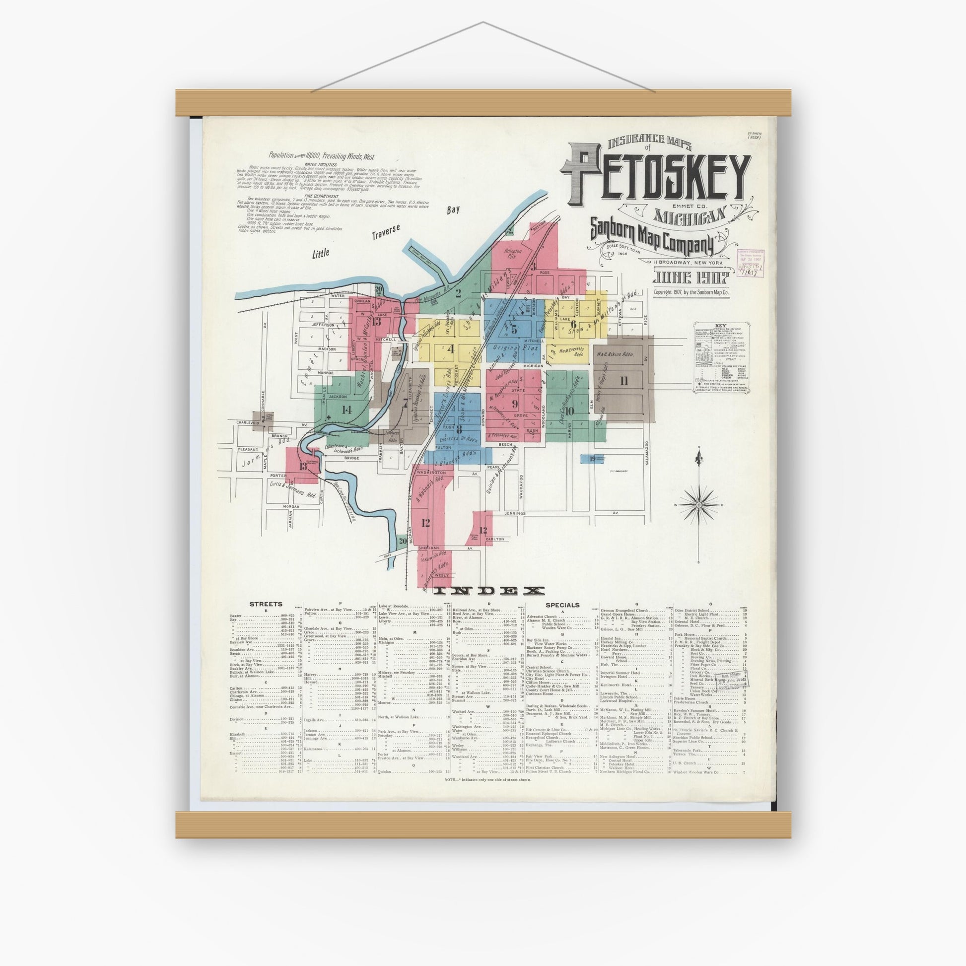 Old map wall art mockup — magnetic wood frame on white wall — Sanborn Fire Insurance Map from Petoskey, Emmet County, Michigan (1907) - Complete Map Set