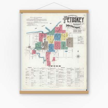 Old map wall art mockup — magnetic wood frame on white wall — Sanborn Fire Insurance Map from Petoskey, Emmet County, Michigan (1907) - Complete Map Set