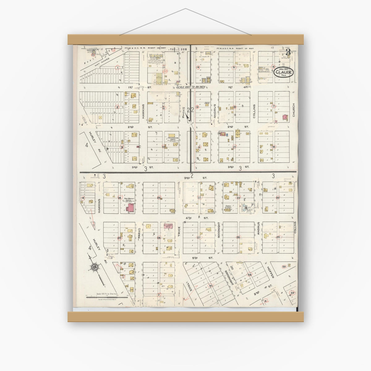 Old map wall art mockup — magnetic wood frame on white wall — Sanborn Fire Insurance Map from Claude, Armstrong County, Texas (1932), Sheet #0003