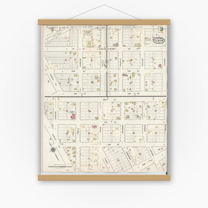 Old map wall art mockup — magnetic wood frame on white wall — Sanborn Fire Insurance Map from Claude, Armstrong County, Texas (1932), Sheet #0003