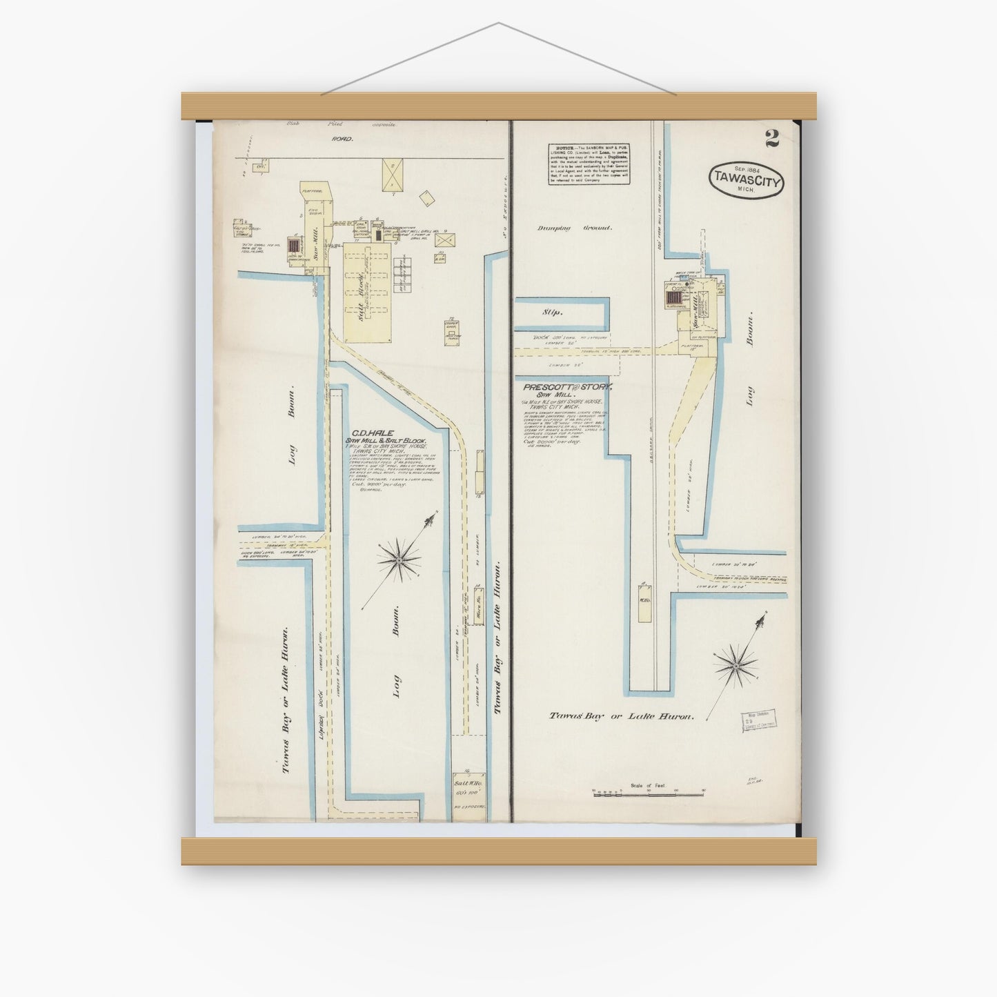 Old map wall art mockup — magnetic wood frame on white wall — Sanborn Fire Insurance Map from Tawas City, Iosco County, Michigan (1884), Sheet #0002