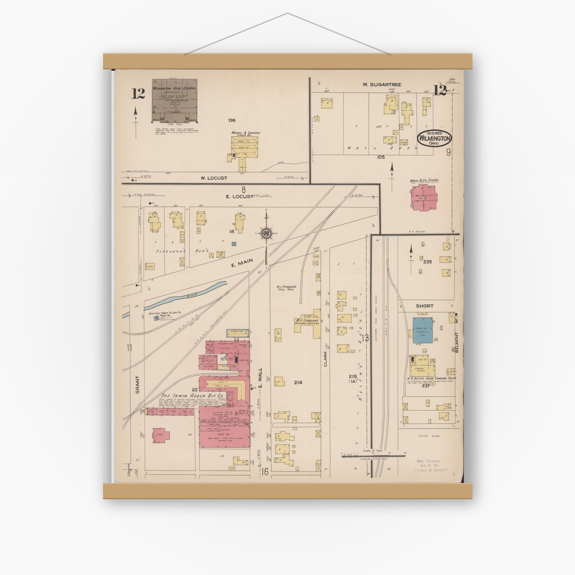 Old map wall art mockup — magnetic wood frame on white wall — Sanborn Fire Insurance Map from Wilmington, Clinton County, Ohio (1922), Sheet #0012