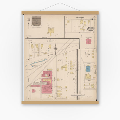 Old map wall art mockup — magnetic wood frame on white wall — Sanborn Fire Insurance Map from Wilmington, Clinton County, Ohio (1922), Sheet #0012
