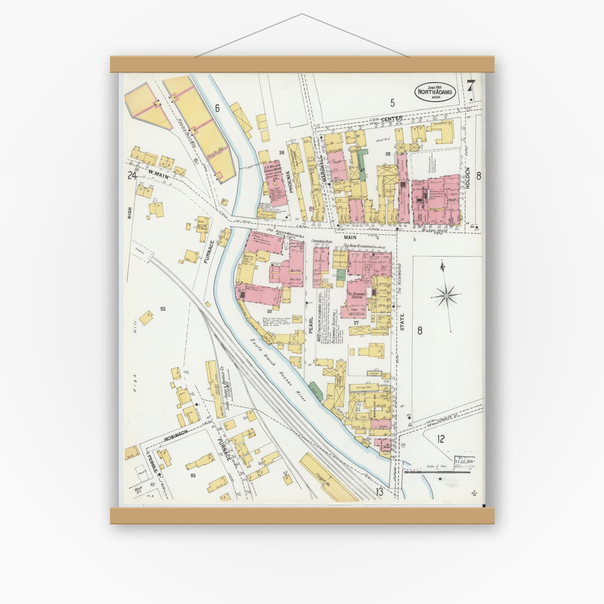 Old map wall art mockup — magnetic wood frame on white wall — Sanborn Fire Insurance Map from North Adams, Berkshire County, Massachusetts (1901), Sheet #0007