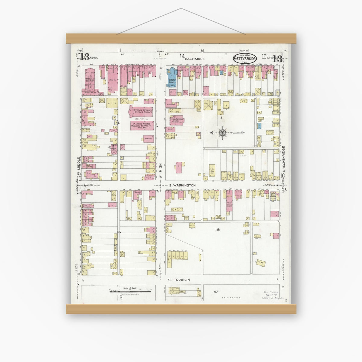 Old map wall art mockup — magnetic wood frame on white wall — Sanborn Fire Insurance Map from Gettysburg, Adams County, Pennsylvania (1924), Sheet #0013