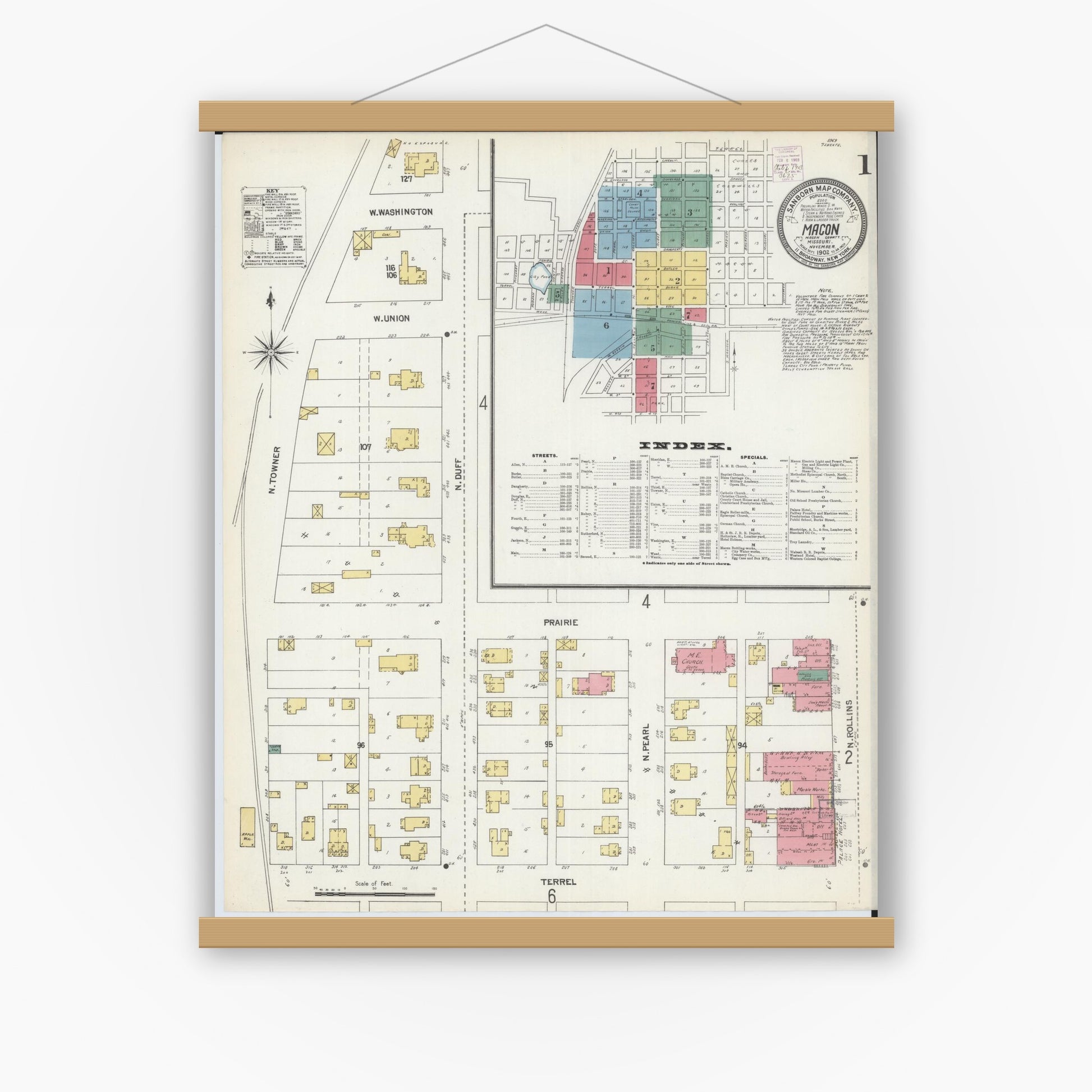 Old map wall art mockup — magnetic wood frame on white wall — Sanborn Fire Insurance Map from Macon, Macon County, Missouri (1902), Sheet #0001