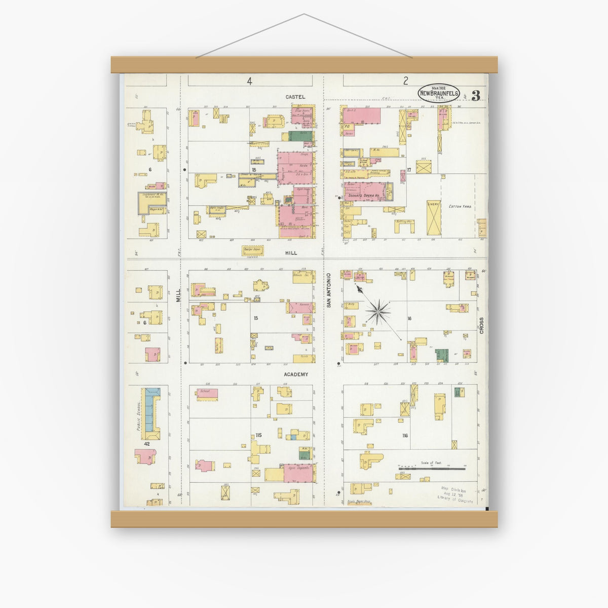 Old map wall art mockup — magnetic wood frame on white wall — Sanborn Fire Insurance Map from New Braunfels, Comal County, Texas (1902), Sheet #0003