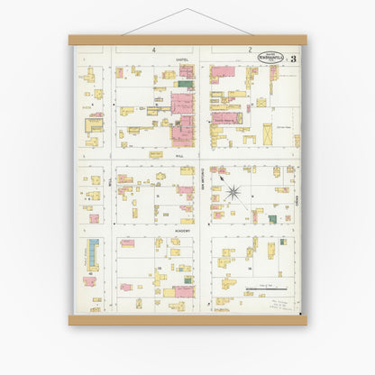 Old map wall art mockup — magnetic wood frame on white wall — Sanborn Fire Insurance Map from New Braunfels, Comal County, Texas (1902), Sheet #0003