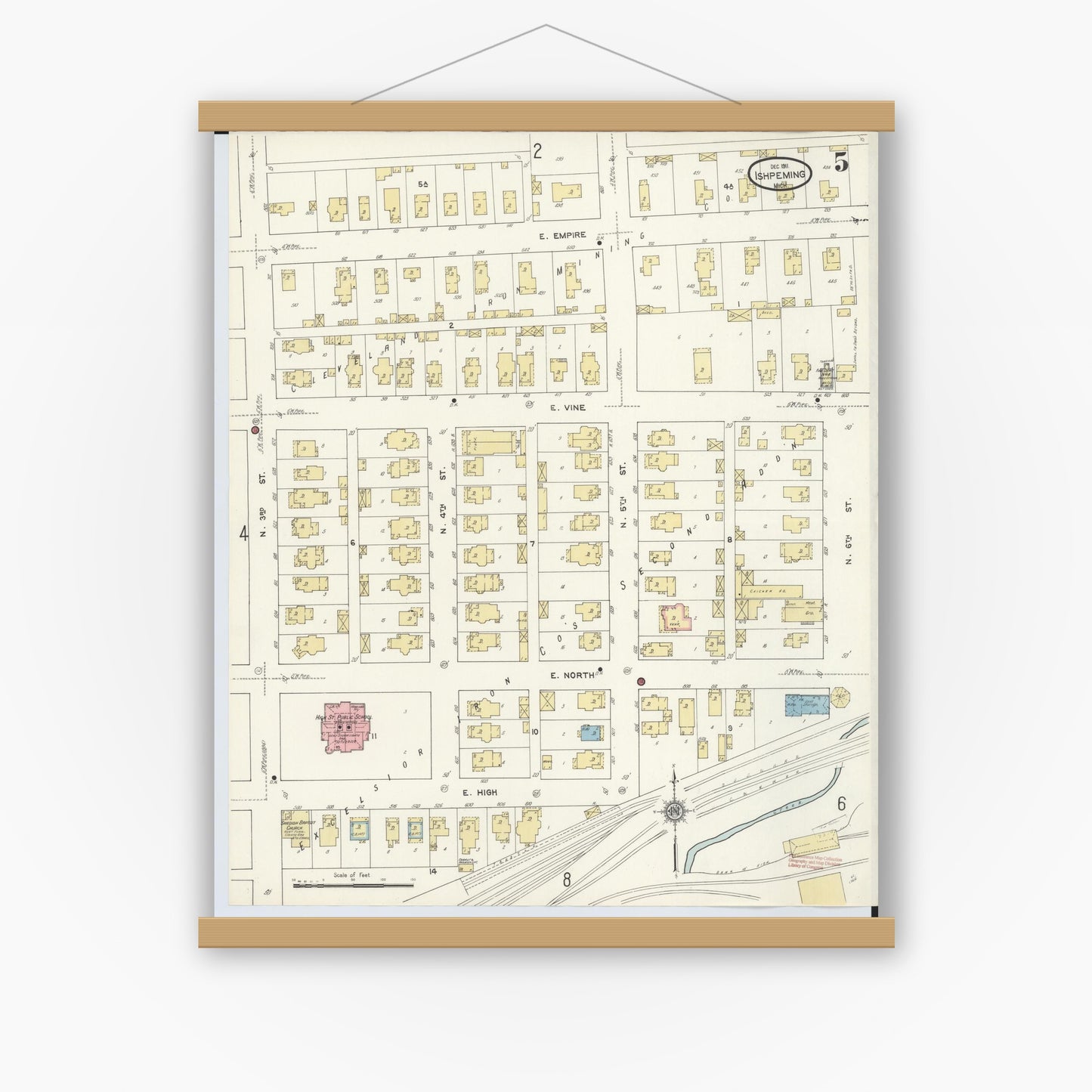Old map wall art mockup — magnetic wood frame on white wall — Sanborn Fire Insurance Map from Ishpeming, Marquette County, Michigan (1911), Sheet #0005