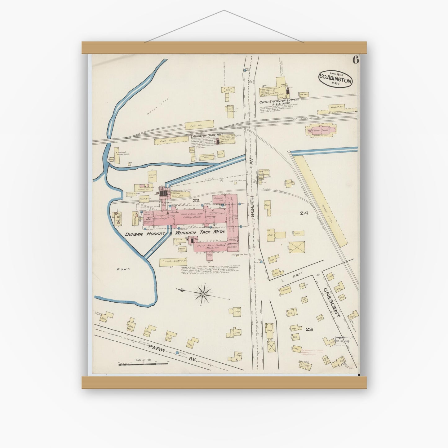 Old map wall art mockup — magnetic wood frame on white wall — Sanborn Fire Insurance Map from South Abington, Plymouth County, Massachusetts (1885), Sheet #0006