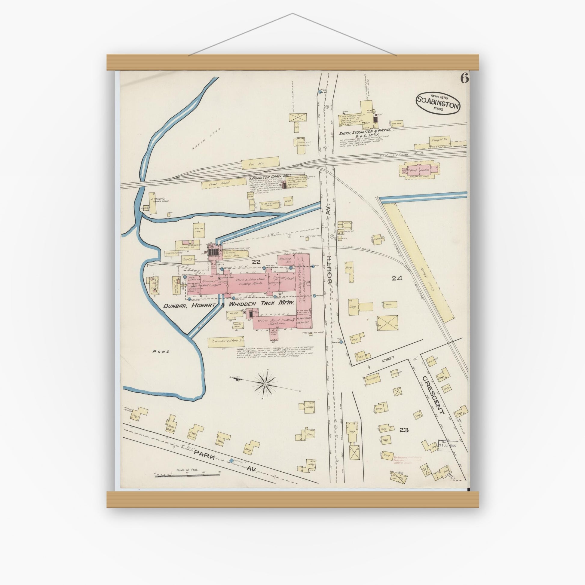 Old map wall art mockup — magnetic wood frame on white wall — Sanborn Fire Insurance Map from South Abington, Plymouth County, Massachusetts (1885), Sheet #0006