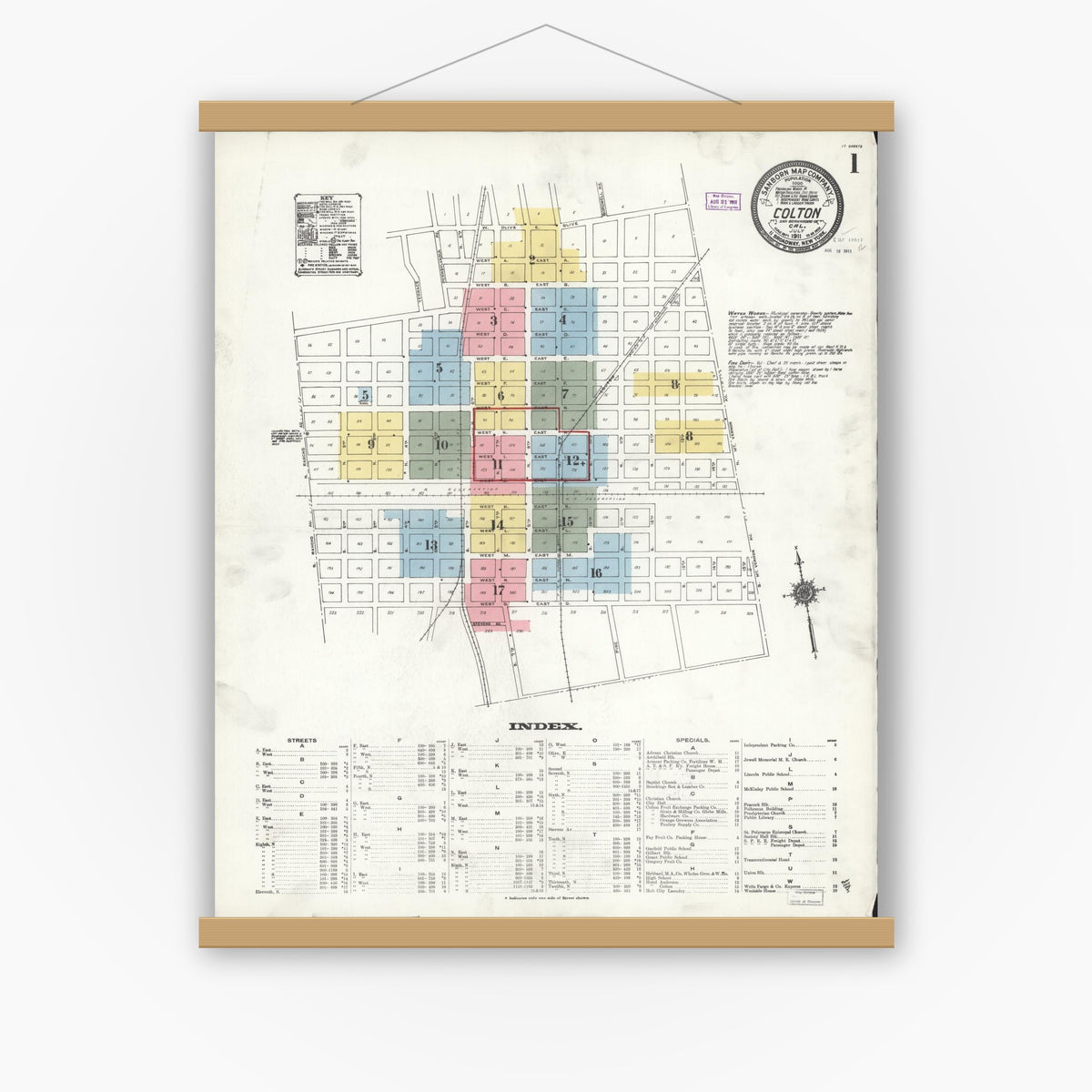 Old map wall art mockup — magnetic wood frame on white wall — Sanborn Fire Insurance Map from Colton, San Bernardino County, California (1911) - Complete Map Set