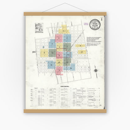 Old map wall art mockup — magnetic wood frame on white wall — Sanborn Fire Insurance Map from Colton, San Bernardino County, California (1911) - Complete Map Set