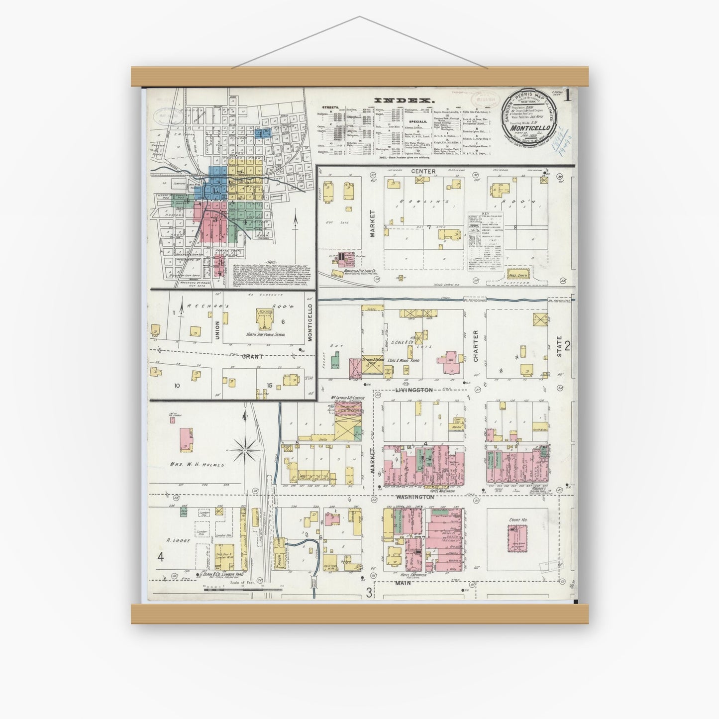 Old map wall art mockup — magnetic wood frame on white wall — Sanborn Fire Insurance Map from Monticello, Piatt County, Illinois (1899), Sheet #0001